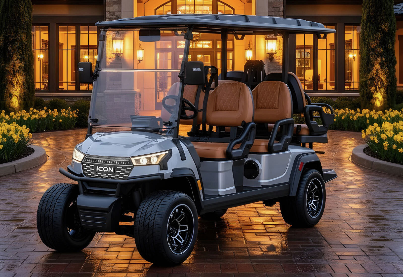 ICON i60LX six-passenger LSV golf cart in silver.